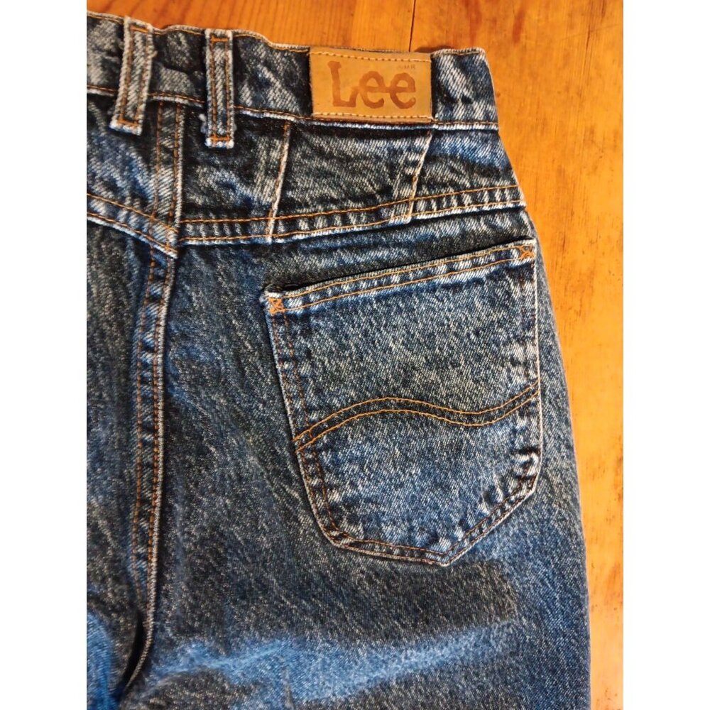 Vintage Lee High Rise Mom Jeans 80s Juniors 7 Dark Blue Stone Wash Tapered Leg - Picture 2 of 6